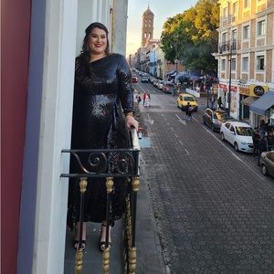 Plus size black one-shoulder Eloquii sequin dress with ruffles